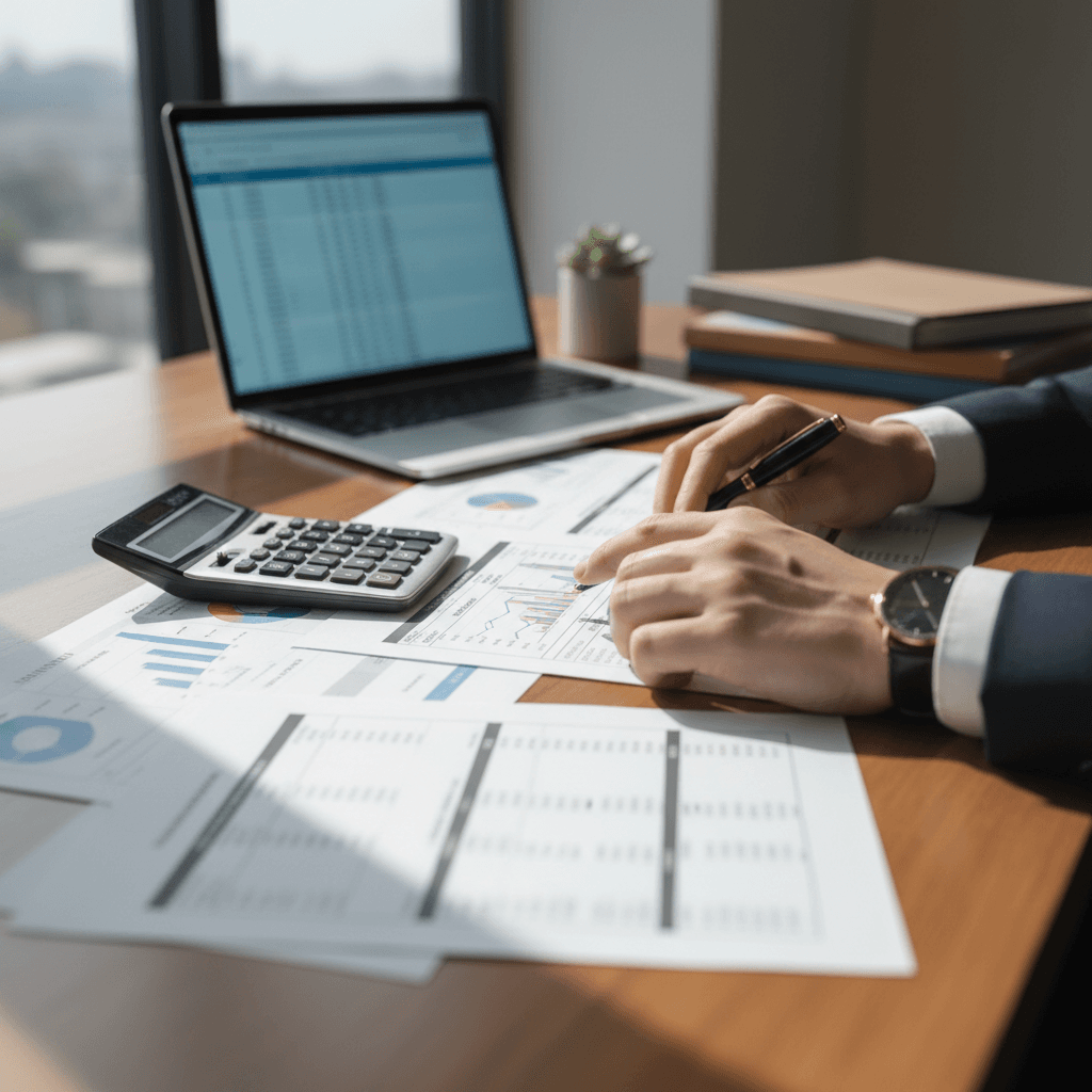 Forensic researcher reviewing financial documents at desk