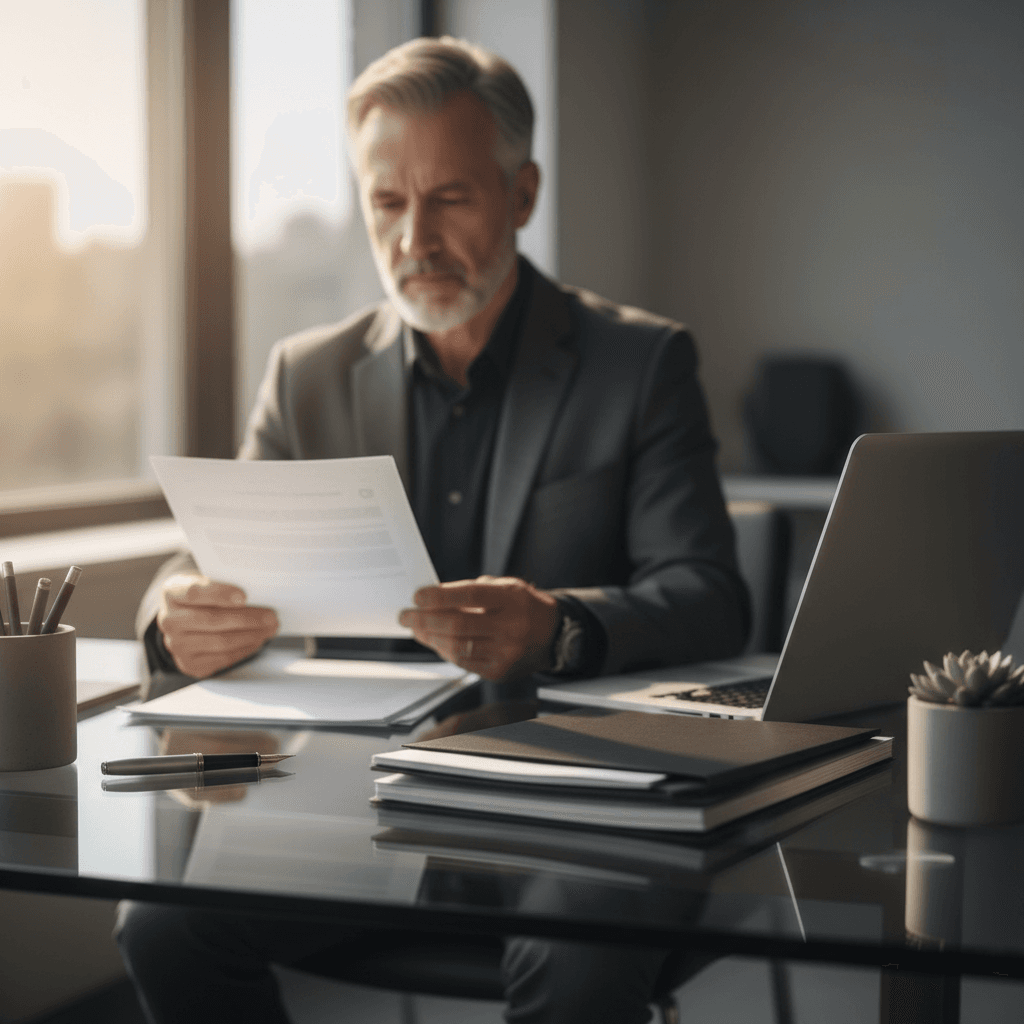 Professional forensic researcher reviewing documents at desk in bright office