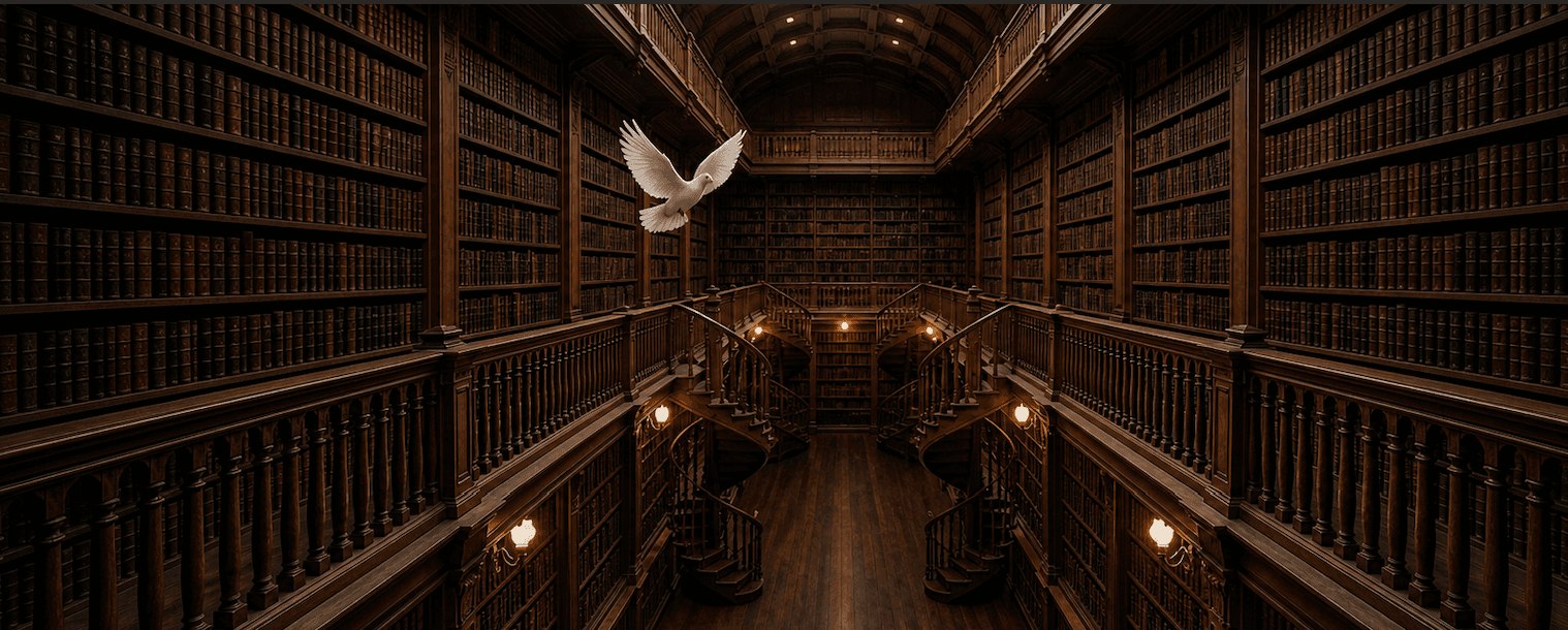 White dove flying through a majestic, multi-level library filled with dark wood bookshelves.